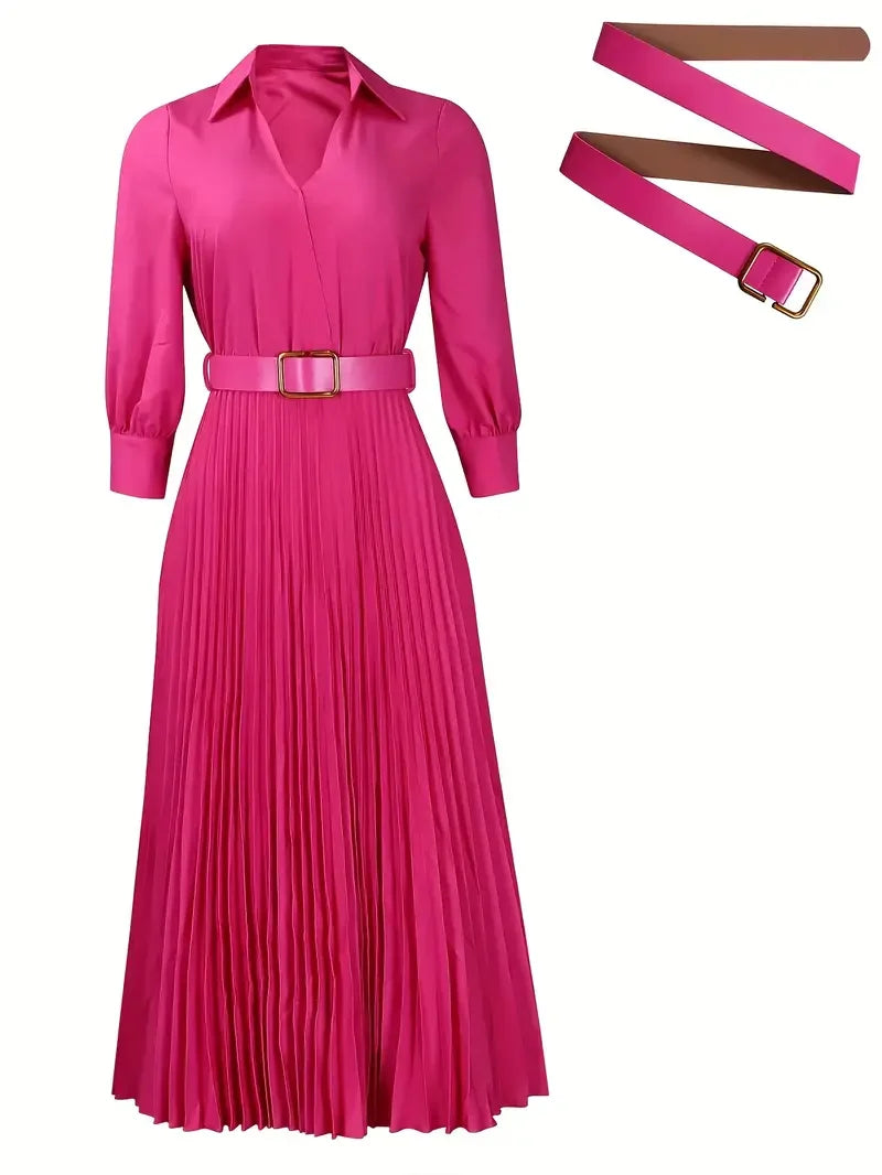 Elegant Pleated Maxi Dress for Office Women with Lapel and Long Sleeves for Casual Wear