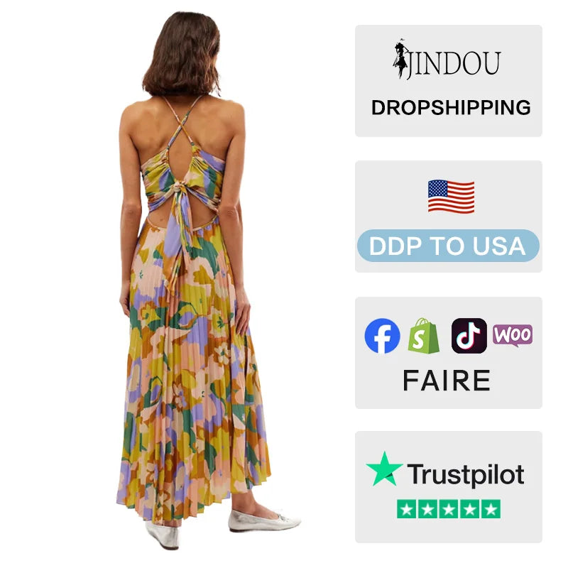 Fashionable Casual Halter-Neck Sexy V-Neck Printed Long Dress