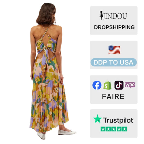 Fashionable Casual Halter-Neck Sexy V-Neck Printed Long Dress