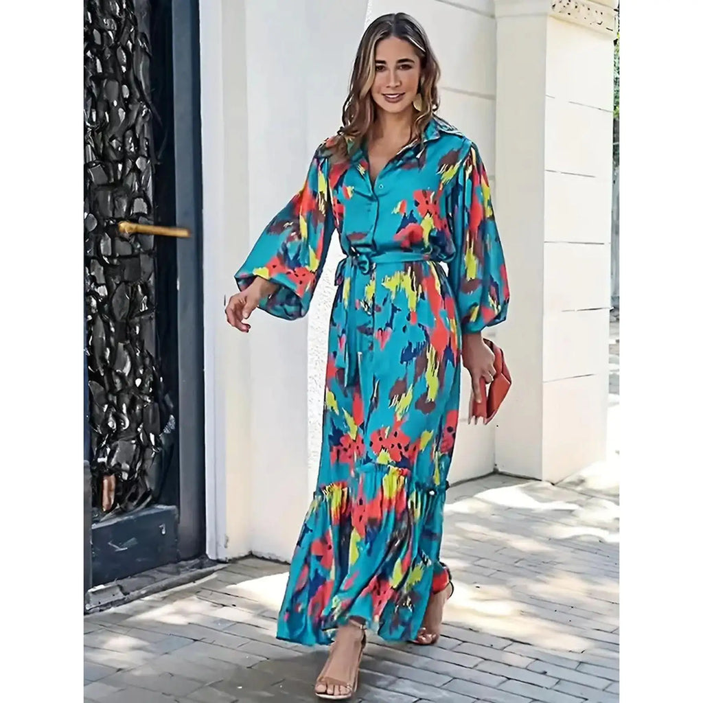 Floral Print Maxi Dress for Women-Autumn Fashionable Elegant Chic Bishop Sleeve Long Sleeve Zipper Decoration Stylish Stylish