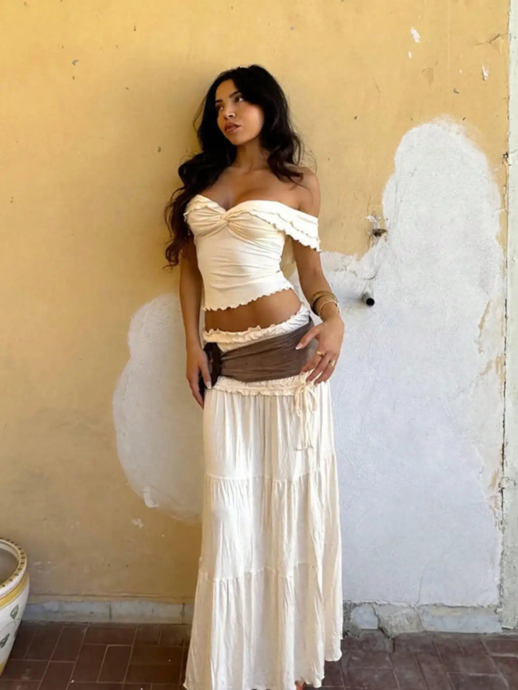 Cream White Beach Vacation Set Deep V Cropped Ruched Top with Layered Long Skirt French Chic Summer Outfit