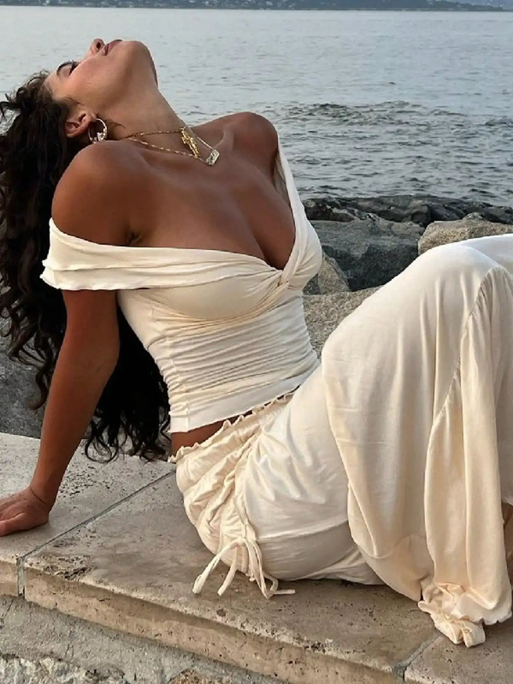 Cream White Beach Vacation Set Deep V Cropped Ruched Top with Layered Long Skirt French Chic Summer Outfit