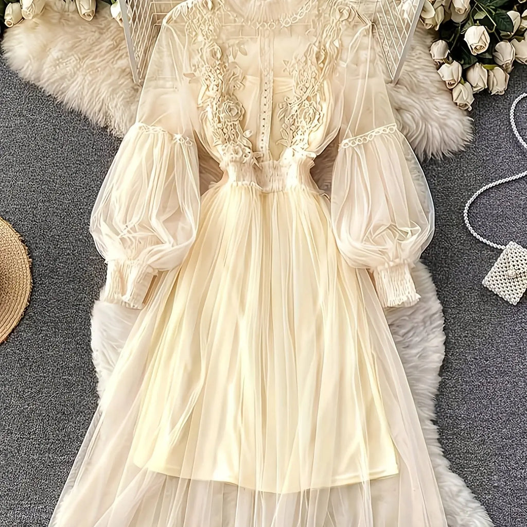 Lavender Mesh Dress with Floral Lace Women's Elegant High Neck Long Sleeve Cocktail Party Dress