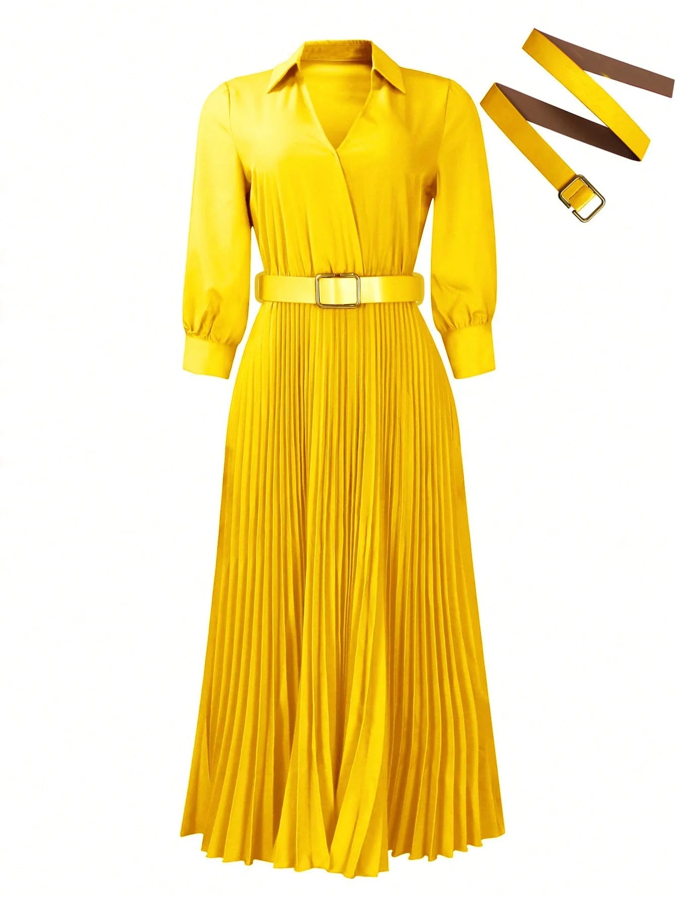 Elegant Pleated Maxi Dress for Office Women with Lapel and Long Sleeves for Casual Wear