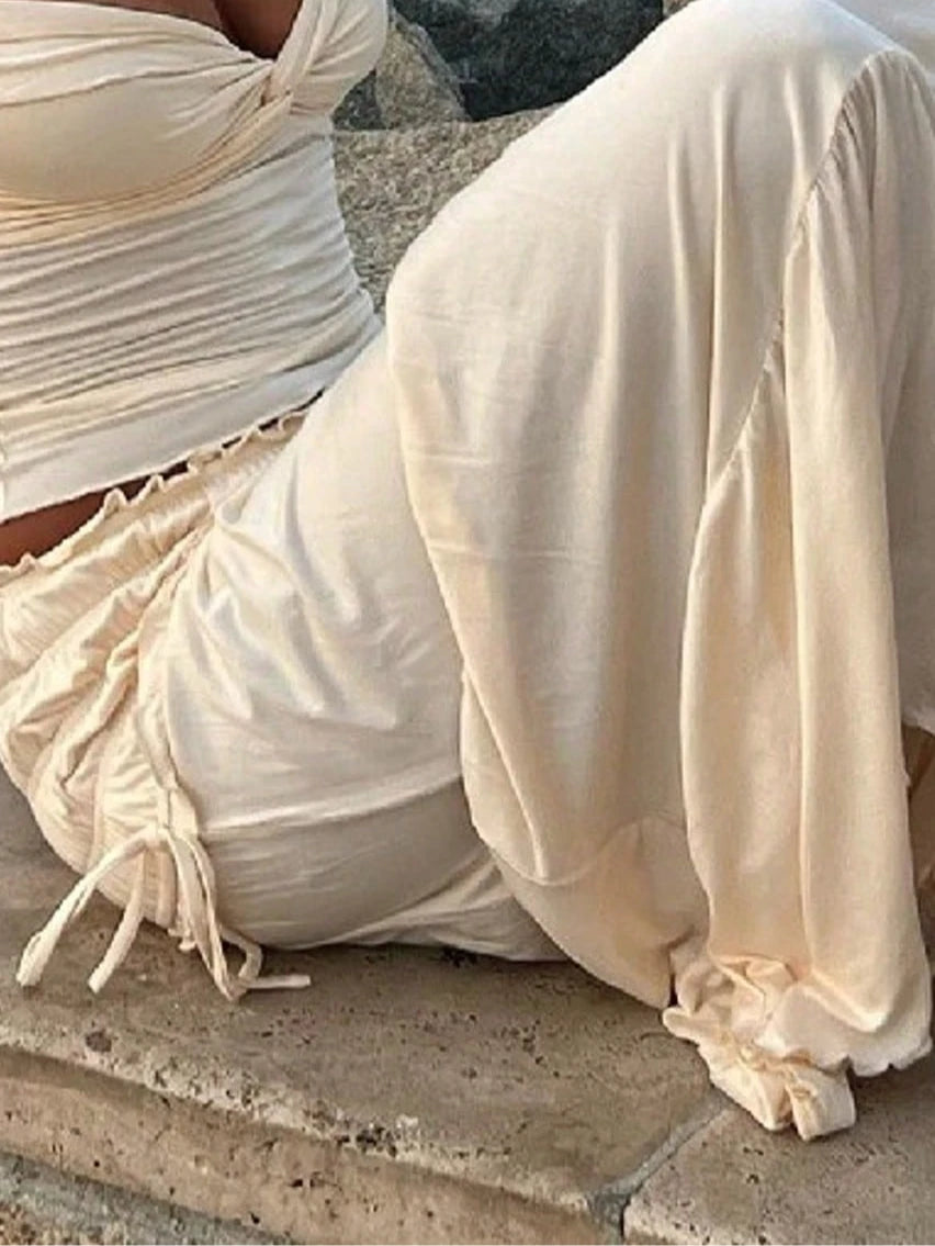 Cream White Beach Vacation Set Deep V Cropped Ruched Top with Layered Long Skirt French Chic Summer Outfit