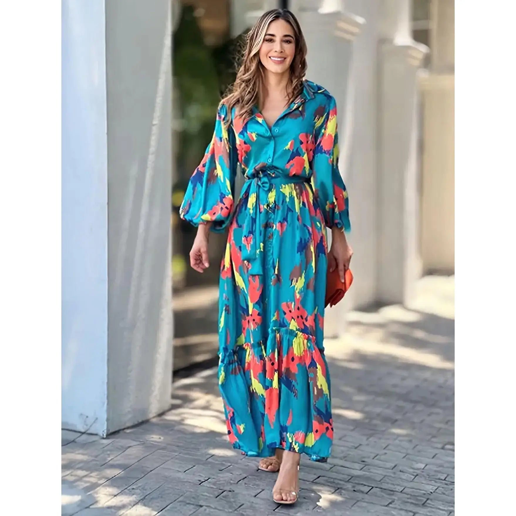 Floral Print Maxi Dress for Women-Autumn Fashionable Elegant Chic Bishop Sleeve Long Sleeve Zipper Decoration Stylish Stylish