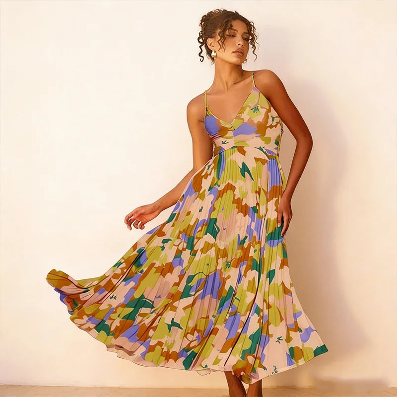 Fashionable Casual Halter-Neck Sexy V-Neck Printed Long Dress