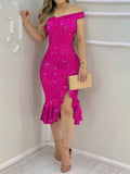 Multi-color Women's Dress Elegant Summer Off Shoulder Short Sleeve Sequin Ruffle Irregular Dresses for Party Evening