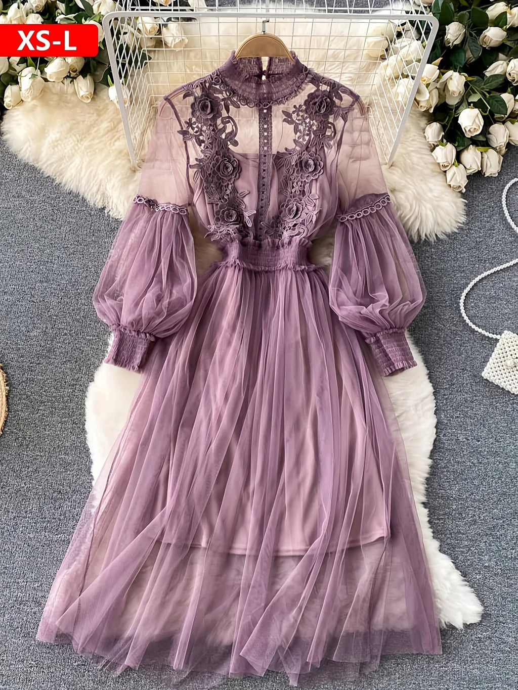 Lavender Mesh Dress with Floral Lace Women's Elegant High Neck Long Sleeve Cocktail Party Dress