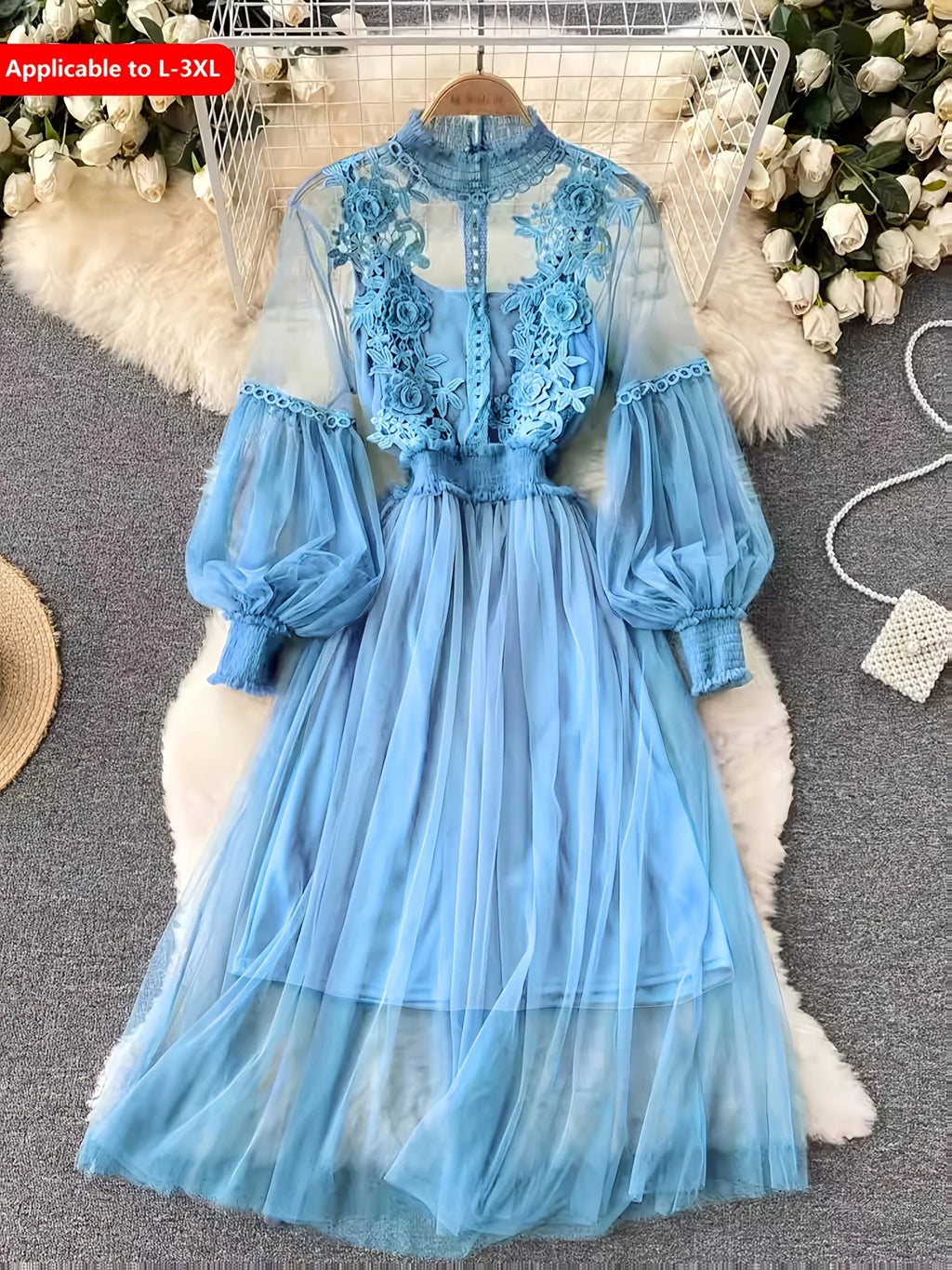 Lavender Mesh Dress with Floral Lace Women's Elegant High Neck Long Sleeve Cocktail Party Dress