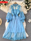 Lavender Mesh Dress with Floral Lace Women's Elegant High Neck Long Sleeve Cocktail Party Dress