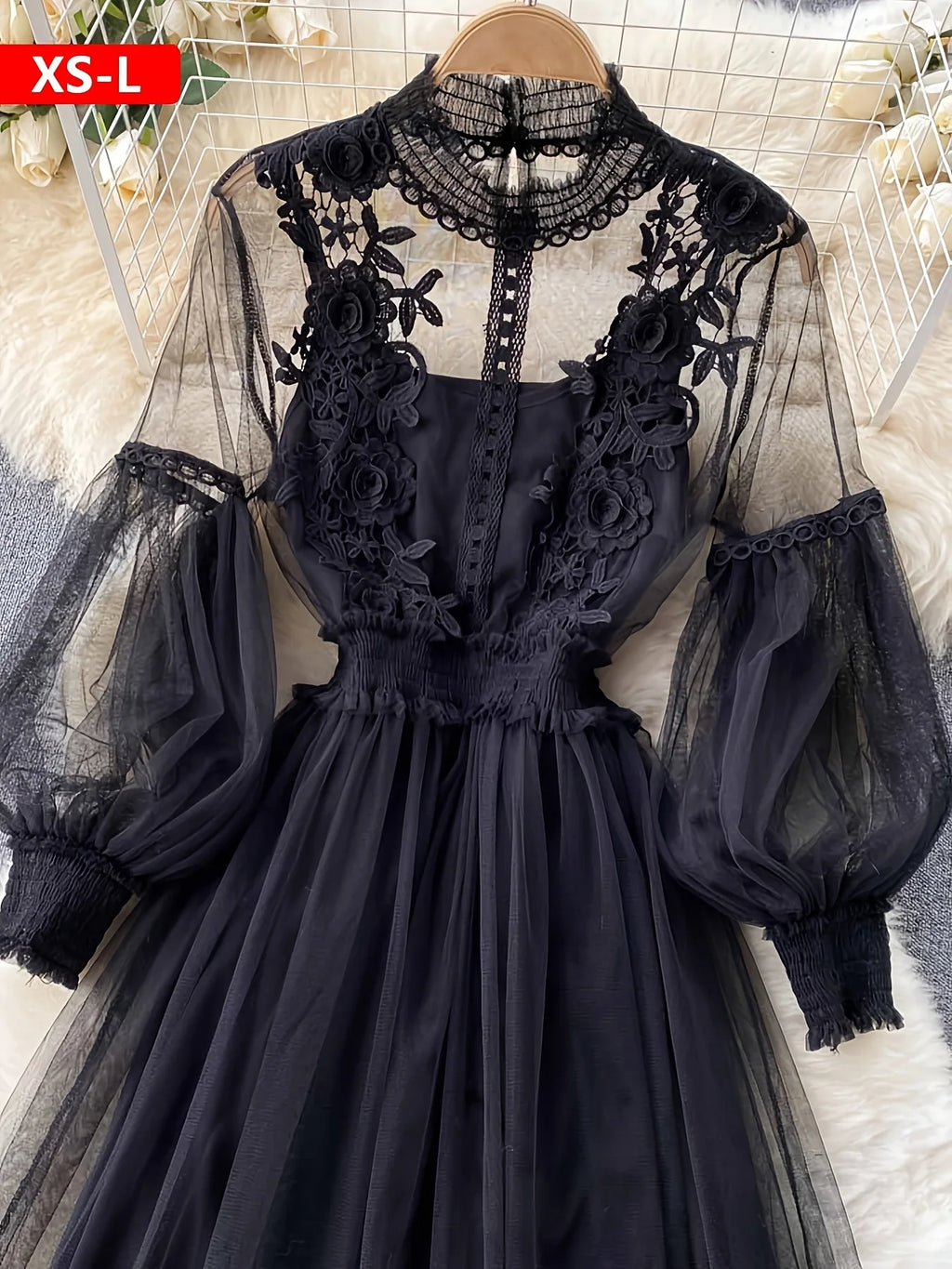 Lavender Mesh Dress with Floral Lace Women's Elegant High Neck Long Sleeve Cocktail Party Dress