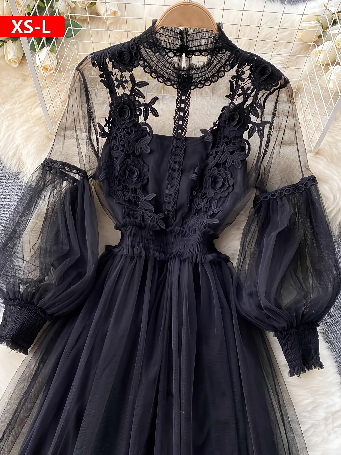 2026 Customizable Lavender Mesh Dress with Floral Lace Women's Elegant High Neck Long Sleeve Cocktail Party Dress