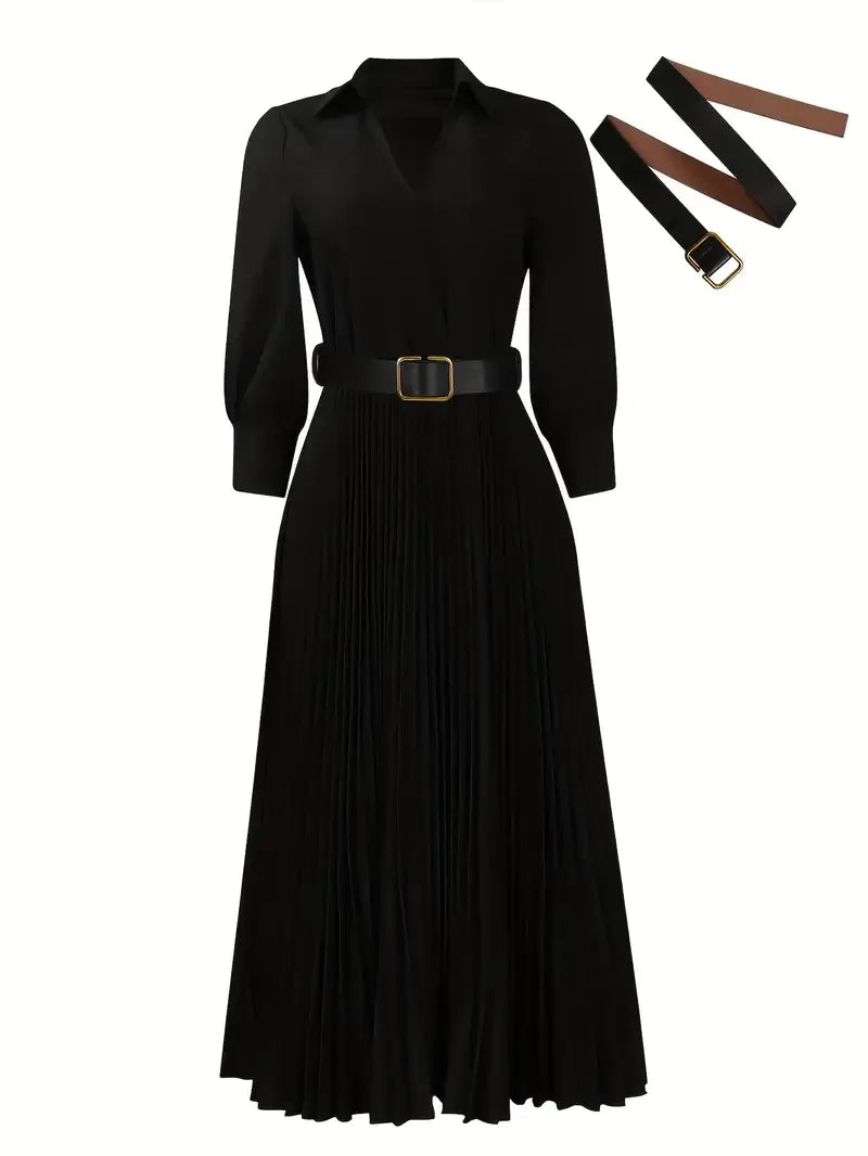 Elegant Pleated Maxi Dress for Office Women with Lapel and Long Sleeves for Casual Wear