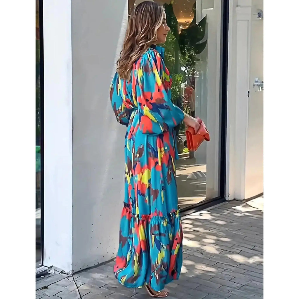 Floral Print Maxi Dress for Women-Autumn Fashionable Elegant Chic Bishop Sleeve Long Sleeve Zipper Decoration Stylish Stylish