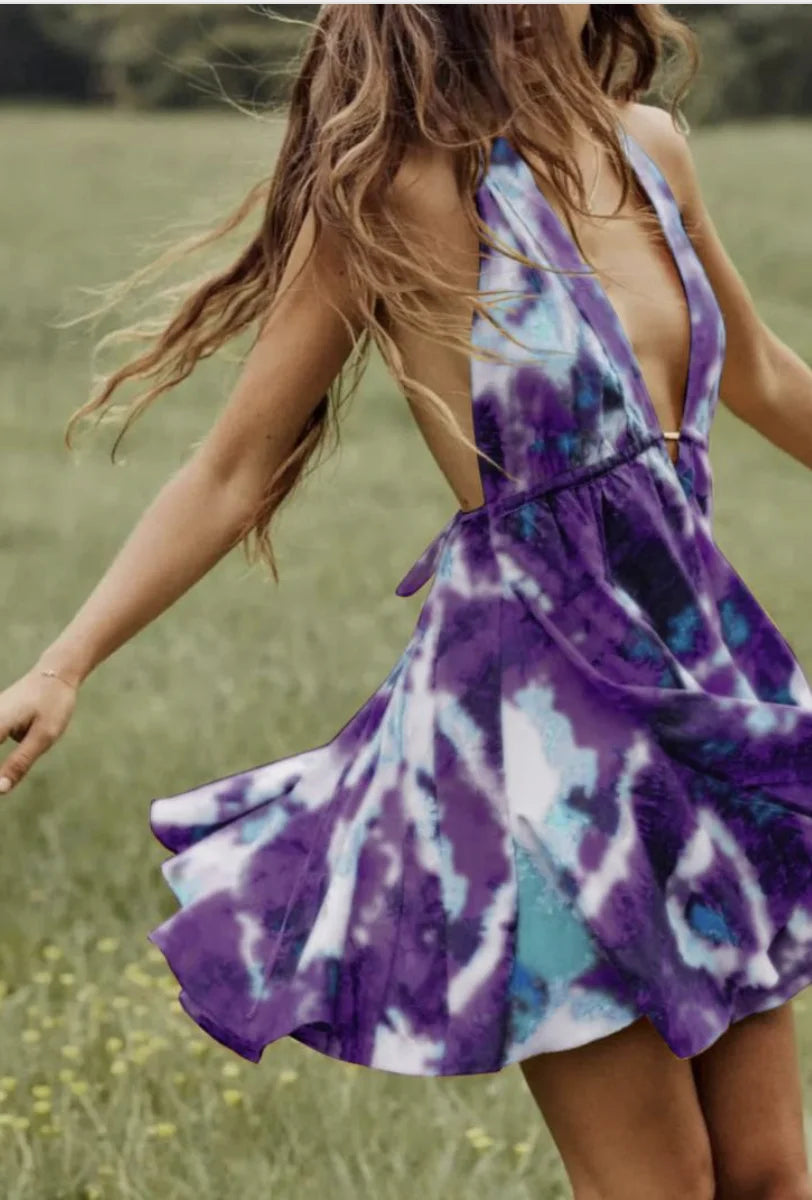 Women's Tie Dye Halter Neck Mini Dress Deep V Neck Ruched Flared Party Dress