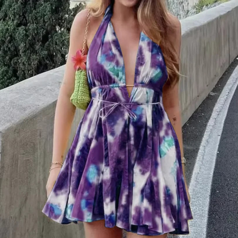 Women's Tie Dye Halter Neck Mini Dress Deep V Neck Ruched Flared Party Dress