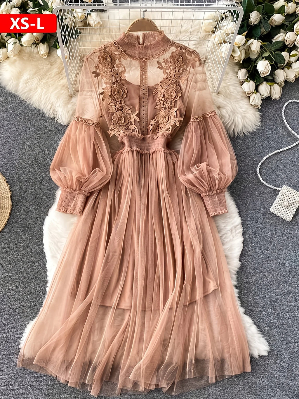 Lavender Mesh Dress with Floral Lace Women's Elegant High Neck Long Sleeve Cocktail Party Dress