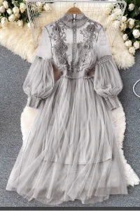 Lavender Mesh Dress with Floral Lace Women's Elegant High Neck Long Sleeve Cocktail Party Dress