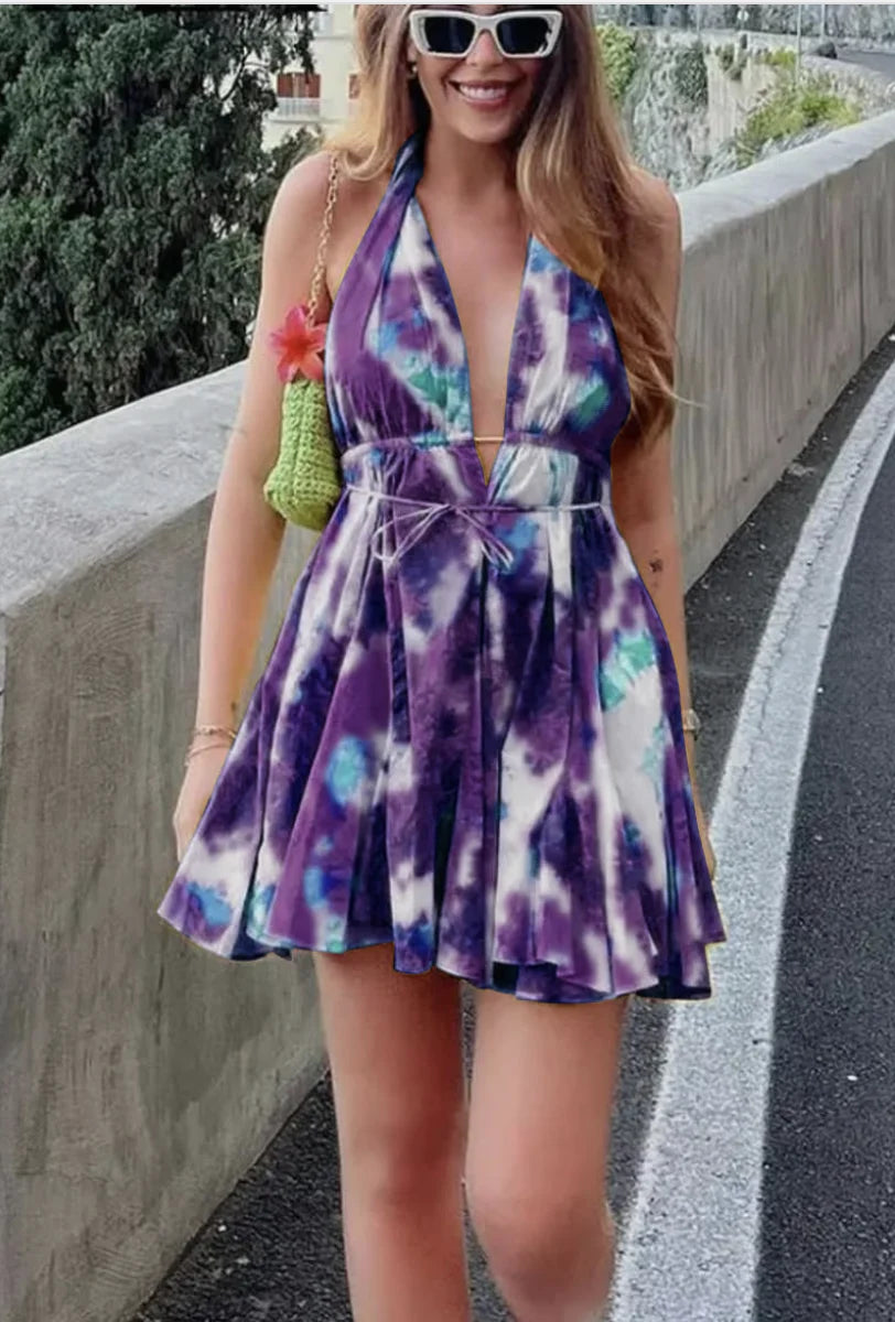 Women's Tie Dye Halter Neck Mini Dress Deep V Neck Ruched Flared Party Dress