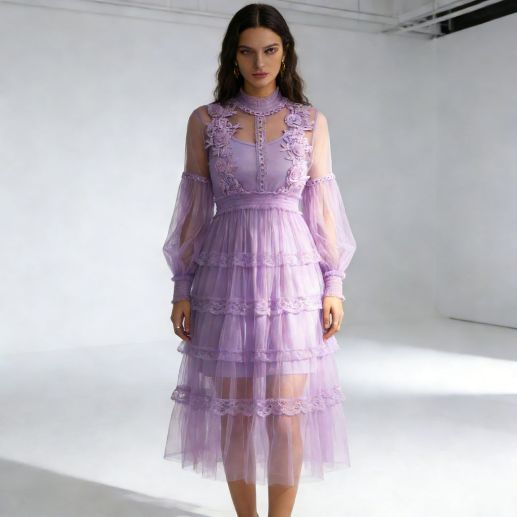 Lavender Mesh Dress with Floral Lace Women's Elegant High Neck Long Sleeve Cocktail Party Dress