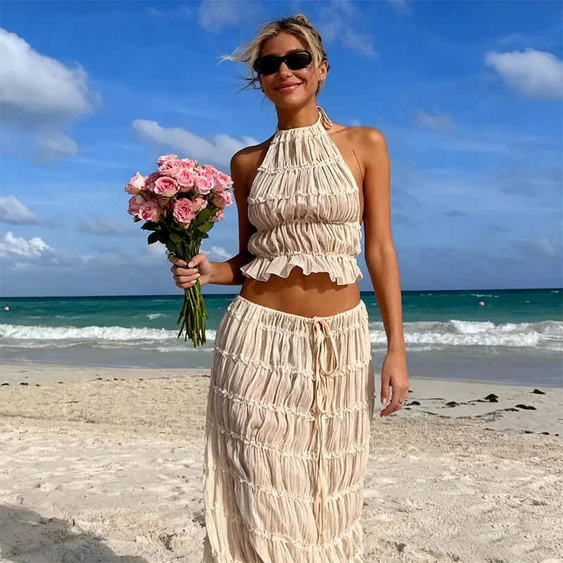 Fashionable Unique Women's Sleeveless Top & Maxi Dress 2-Piece Beachwear Set. Summer Suit