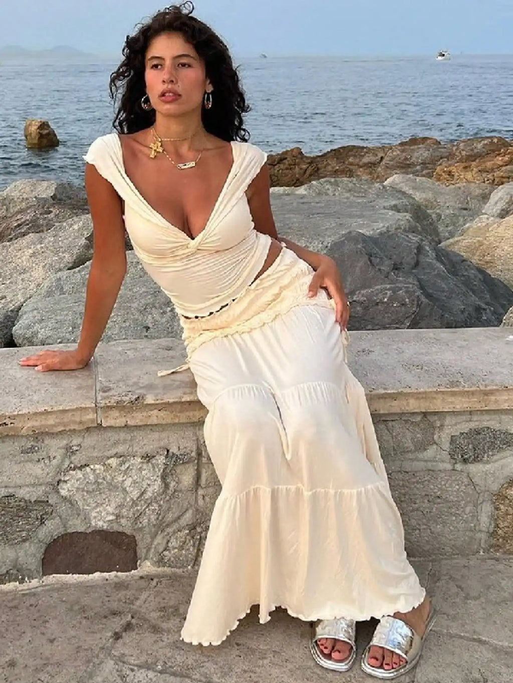 Cream White Beach Vacation Set Deep V Cropped Ruched Top with Layered Long Skirt French Chic Summer Outfit