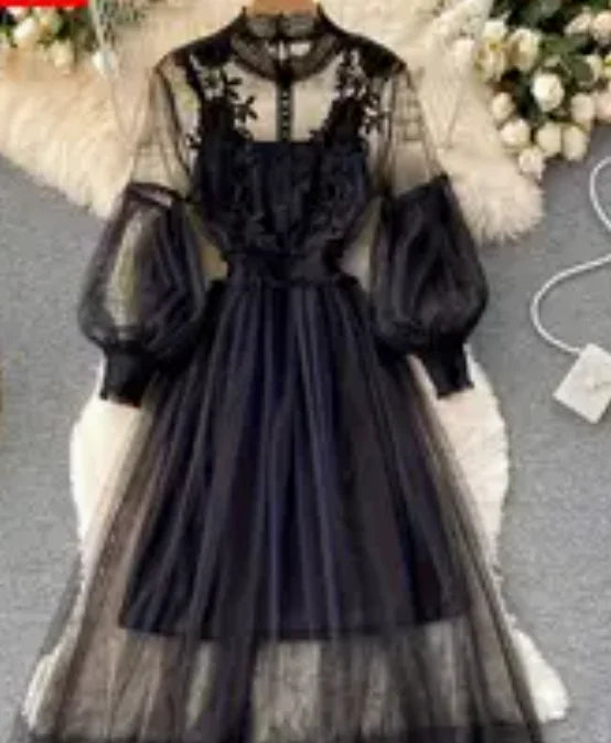 Lavender Mesh Dress with Floral Lace Women's Elegant High Neck Long Sleeve Cocktail Party Dress