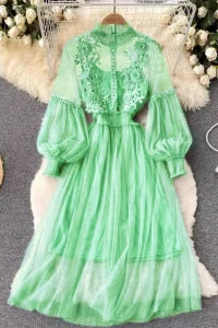 Lavender Mesh Dress with Floral Lace Women's Elegant High Neck Long Sleeve Cocktail Party Dress