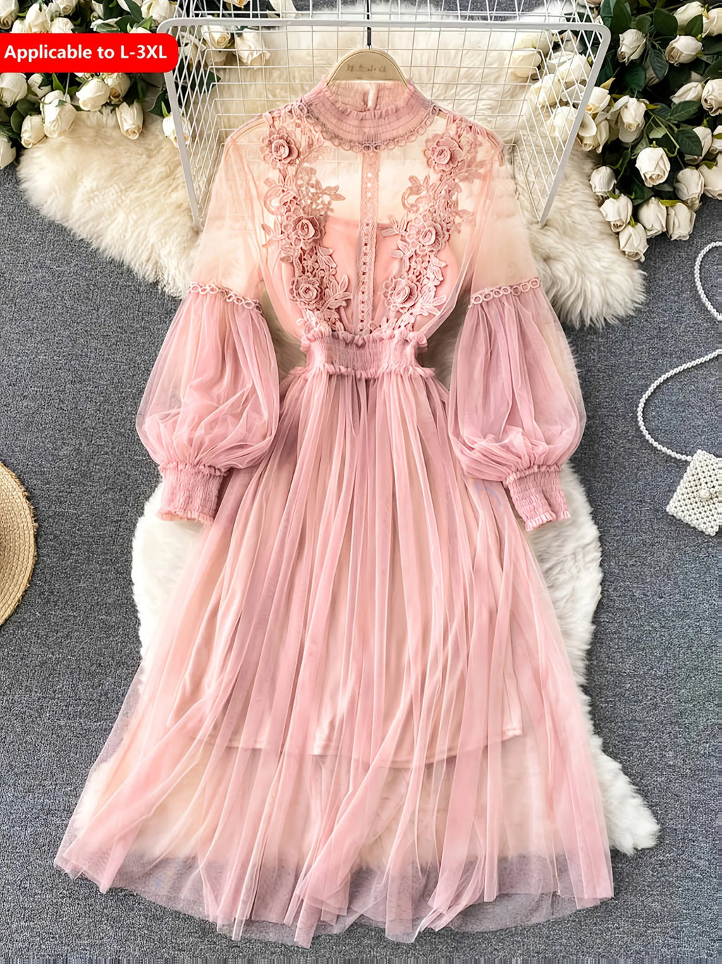 Lavender Mesh Dress with Floral Lace Women's Elegant High Neck Long Sleeve Cocktail Party Dress
