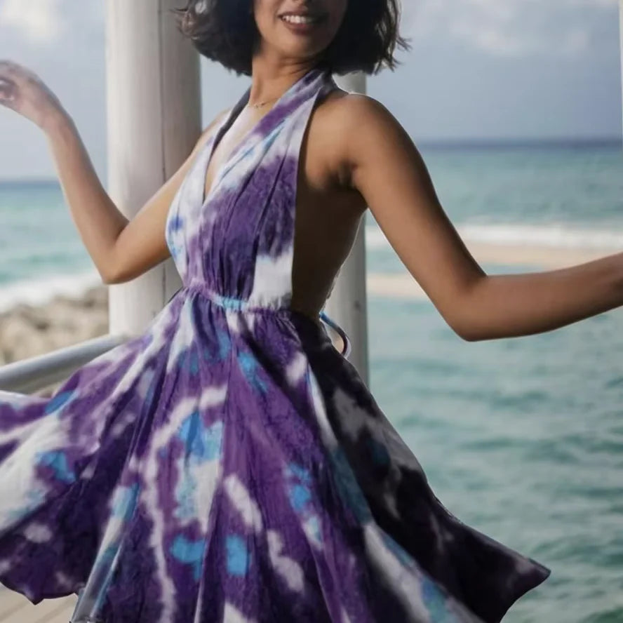 Women's Tie Dye Halter Neck Mini Dress Deep V Neck Ruched Flared Party Dress