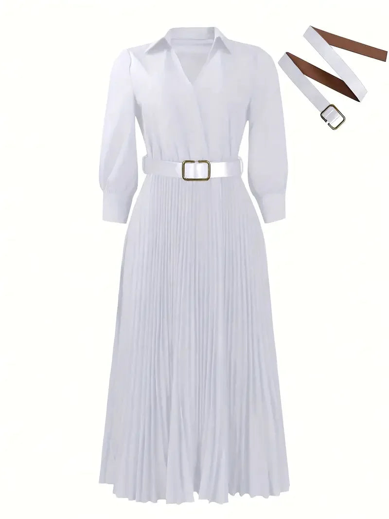 Elegant Pleated Maxi Dress for Office Women with Lapel and Long Sleeves for Casual Wear