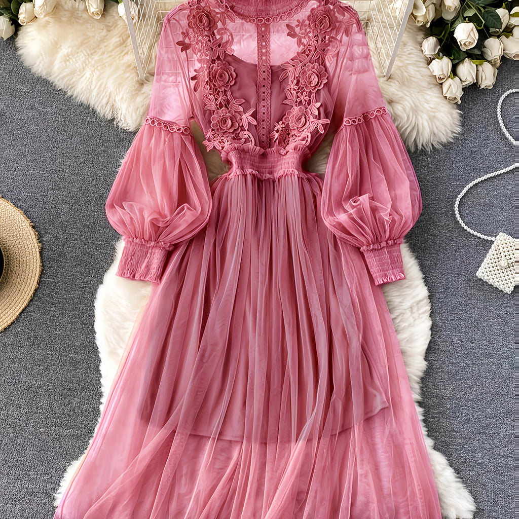 Lavender Mesh Dress with Floral Lace Women's Elegant High Neck Long Sleeve Cocktail Party Dress