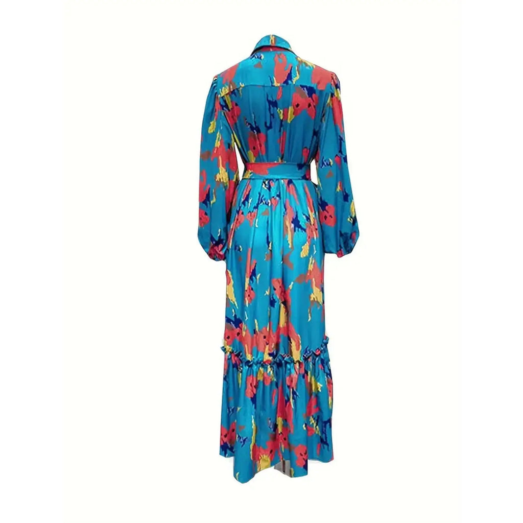 Floral Print Maxi Dress for Women-Autumn Fashionable Elegant Chic Bishop Sleeve Long Sleeve Zipper Decoration Stylish Stylish