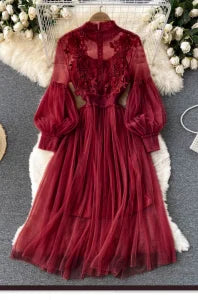 Lavender Mesh Dress with Floral Lace Women's Elegant High Neck Long Sleeve Cocktail Party Dress