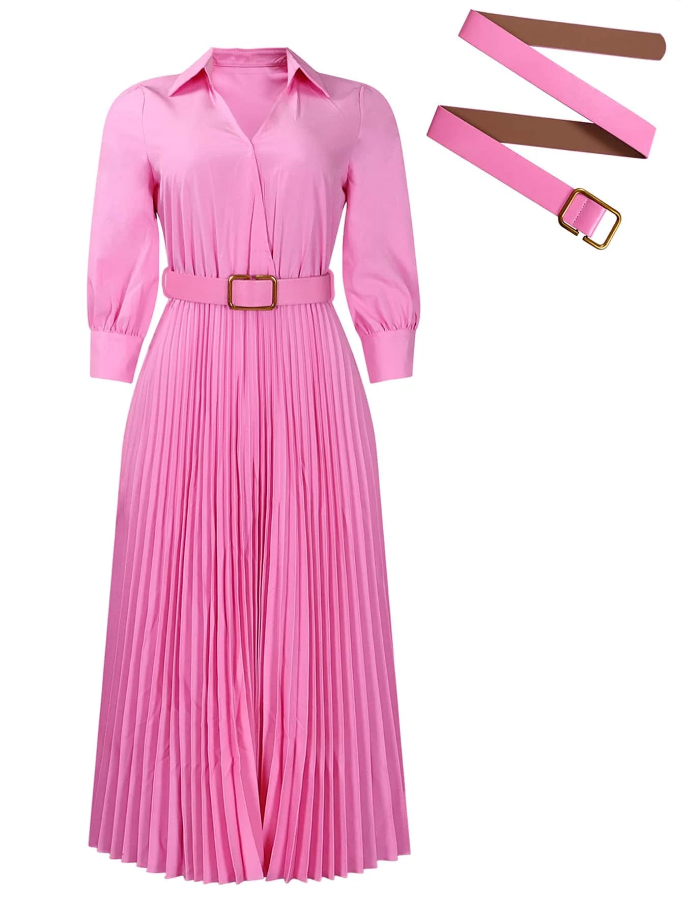 Elegant Pleated Maxi Dress for Office Women with Lapel and Long Sleeves for Casual Wear