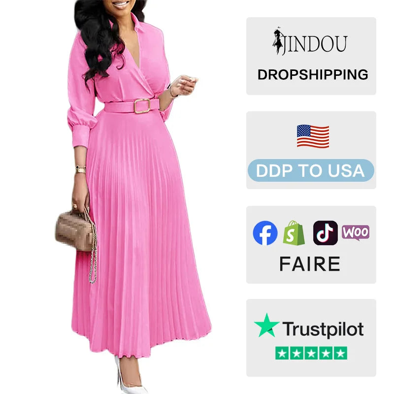 Elegant Pleated Maxi Dress for Office Women with Lapel and Long Sleeves for Casual Wear