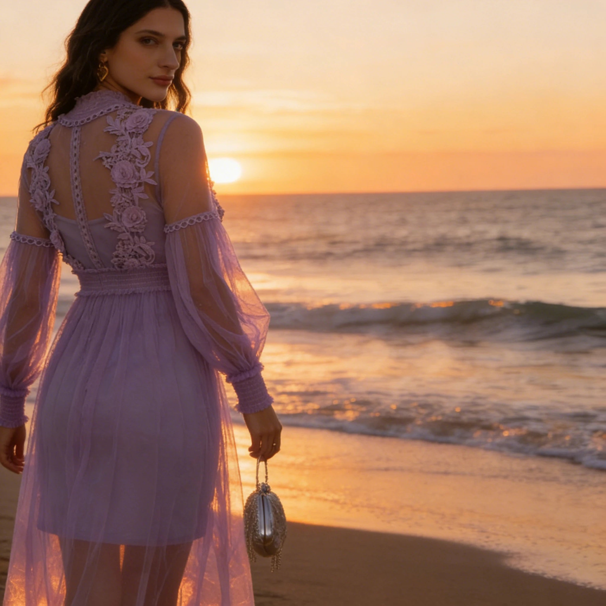 2026 Customizable Lavender Mesh Dress with Floral Lace Women's Elegant High Neck Long Sleeve Cocktail Party Dress