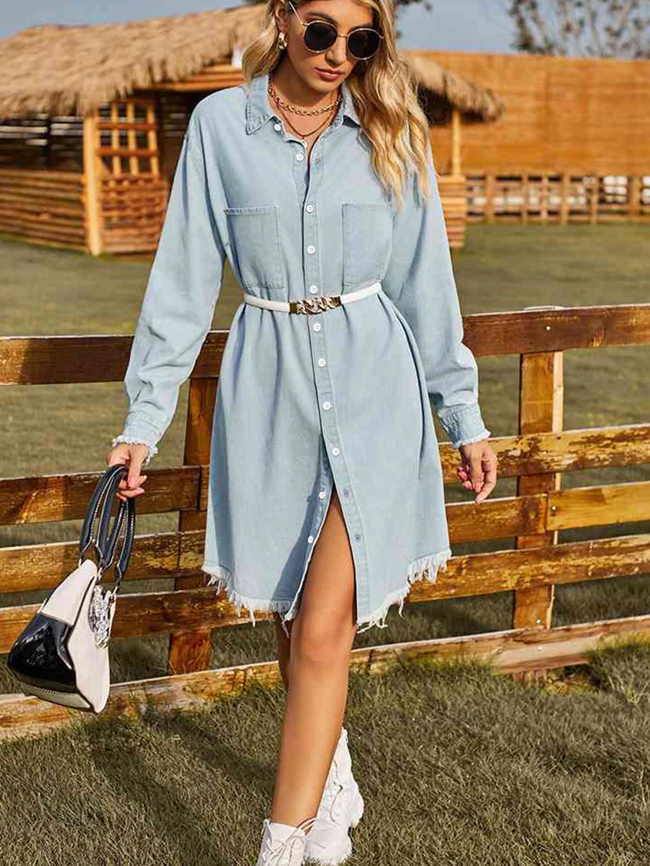 Women's Vintage Midi Dress Long Sleeve Casual Loose Denim Natural Waistline Breathable Washable Opt for Autumn's