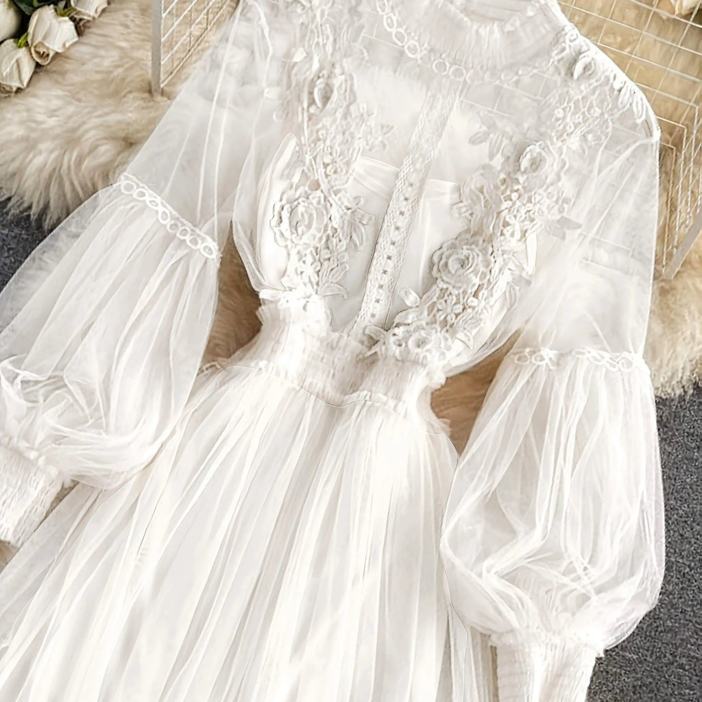 Lavender Mesh Dress with Floral Lace Women's Elegant High Neck Long Sleeve Cocktail Party Dress