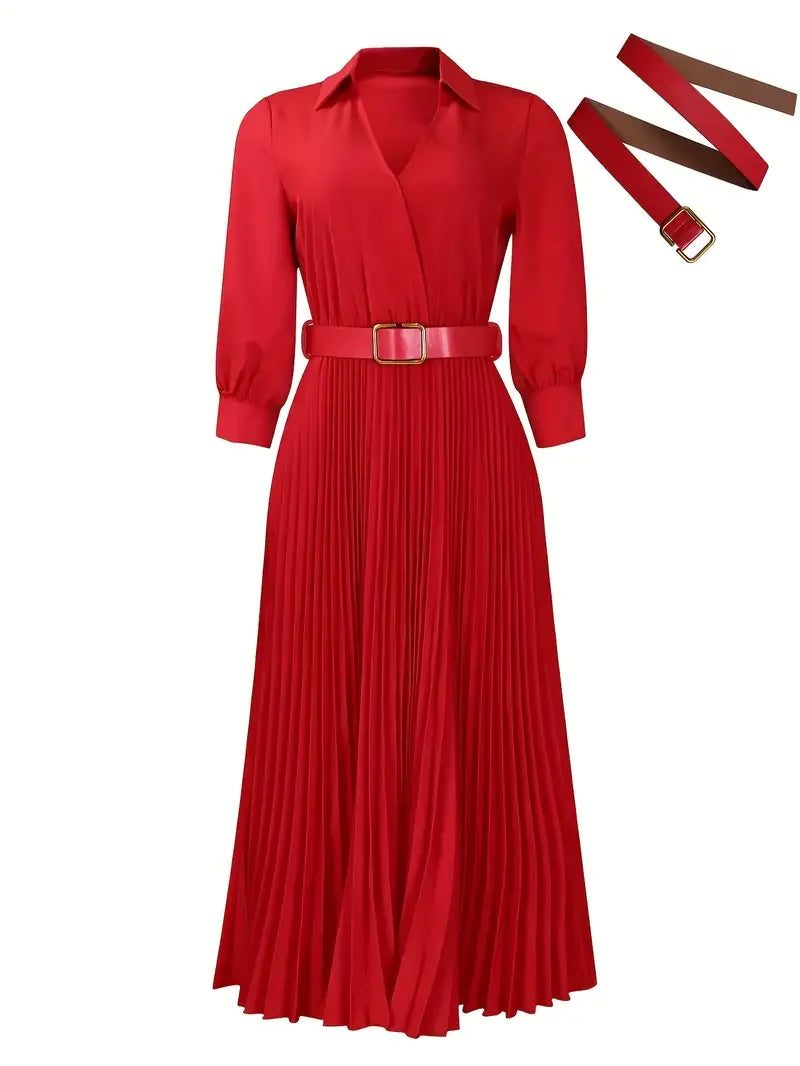 Elegant Pleated Maxi Dress for Office Women with Lapel and Long Sleeves for Casual Wear