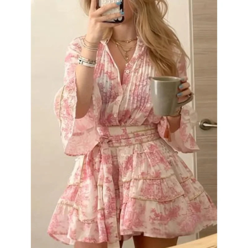 Women's American Vintage Empire Waist Short V-Neck Lotus Leaf Sleeves Plant Flowers Pattern Polyester Fashion Dress
