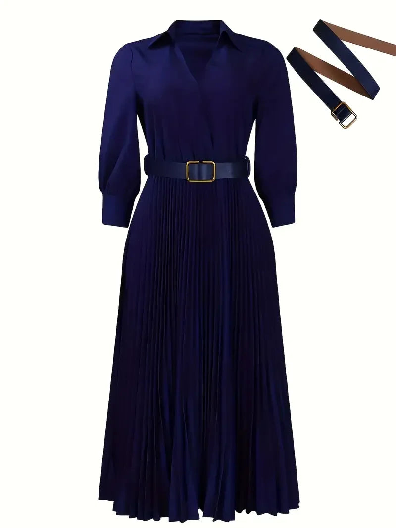 Elegant Pleated Maxi Dress for Office Women with Lapel and Long Sleeves for Casual Wear
