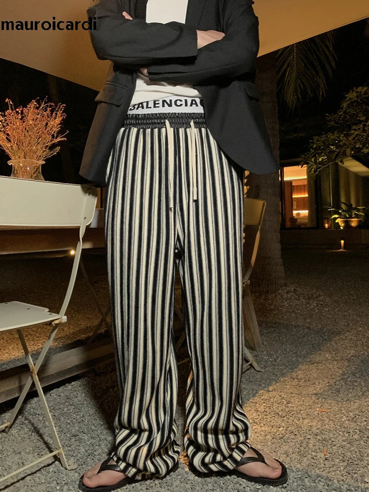 Mauroicardi Spring Autumn Long Loose Casual Flowy Striped Pants Men with Drawstring Elastic Waist Luxury Designer Clothing 2024