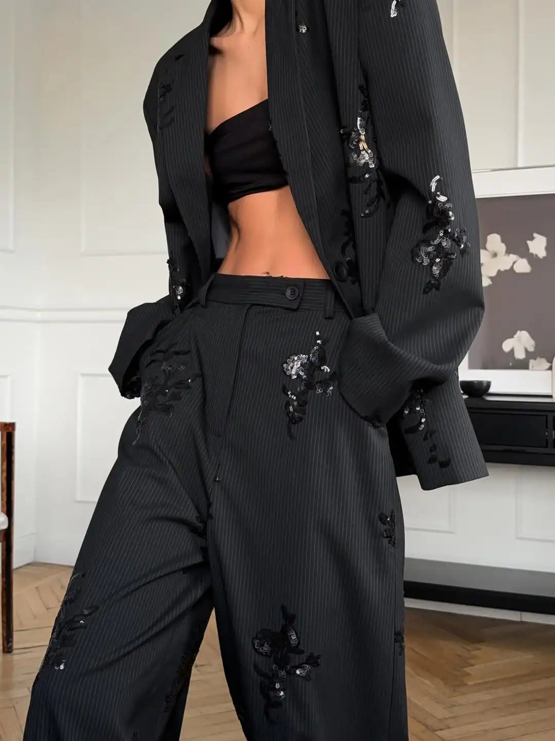 Black Sequin Women Embroidery Blazer 2 Piece Set Full Sleeve Lapel