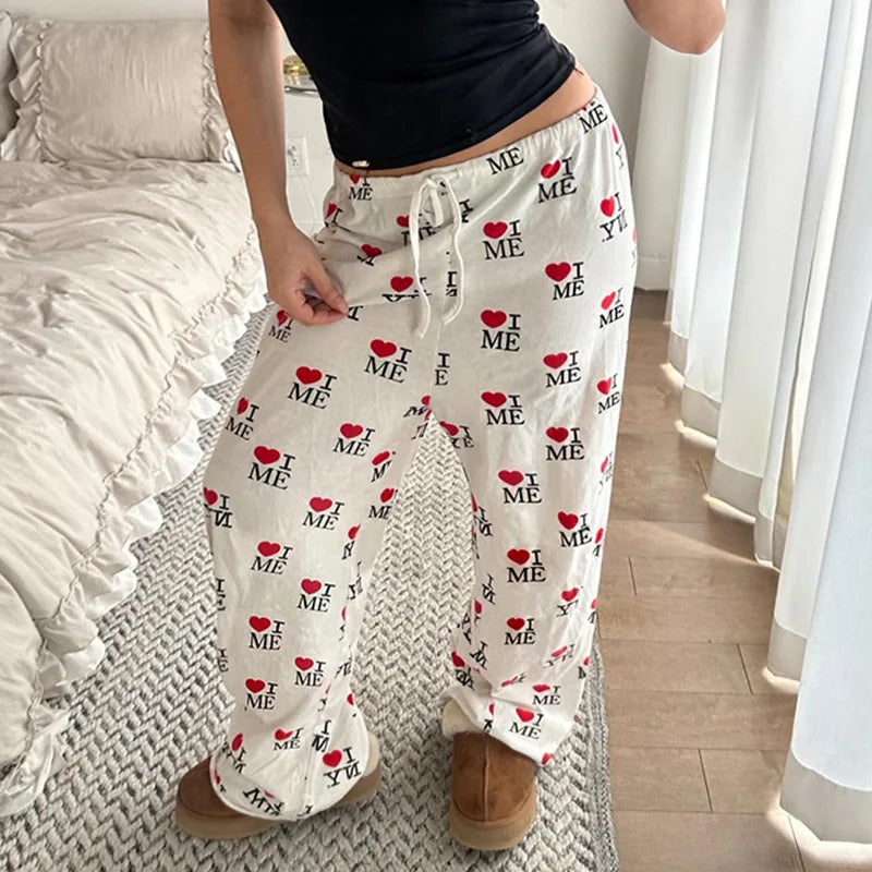 Puloru Women's Elastic Waist Baggy Pants Spring Summer Striped/Plaids/Letter Heart Print Wide Leg Lounge Bottoms Casual Trousers