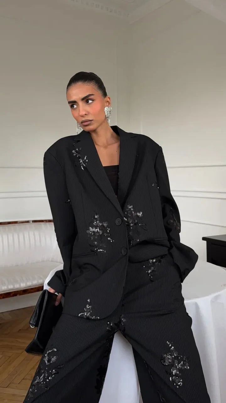 Black Sequin Women Embroidery Blazer 2 Piece Set Full Sleeve Lapel