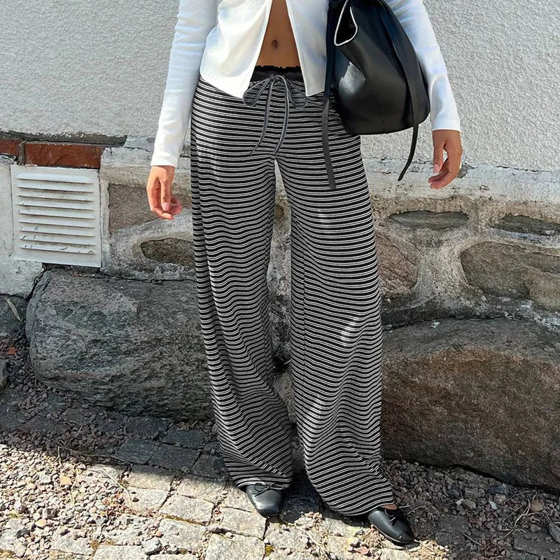 Puloru Women's Elastic Waist Baggy Pants Spring Summer Striped/Plaids/Letter Heart Print Wide Leg Lounge Bottoms Casual Trousers