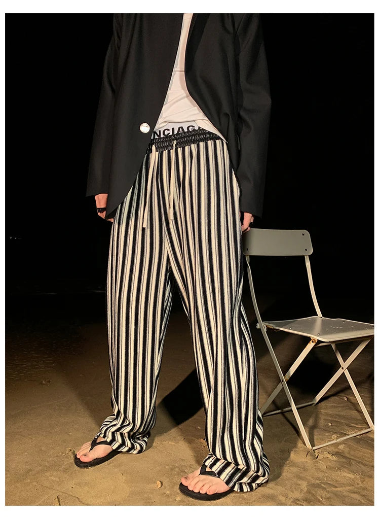 Mauroicardi Spring Autumn Long Loose Casual Flowy Striped Pants Men with Drawstring Elastic Waist Luxury Designer Clothing 2024