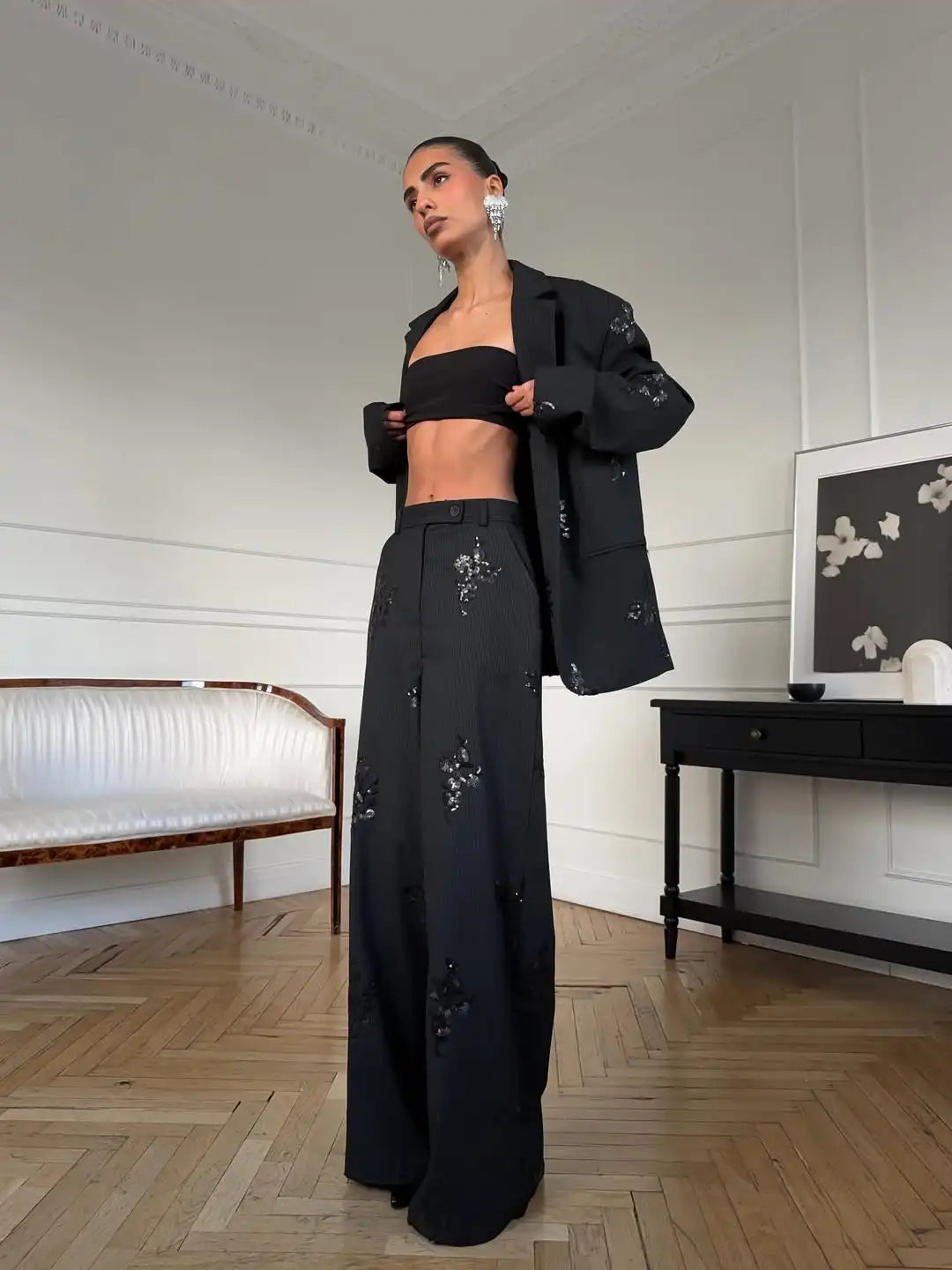 Black Sequin Women Embroidery Blazer 2 Piece Set Full Sleeve Lapel